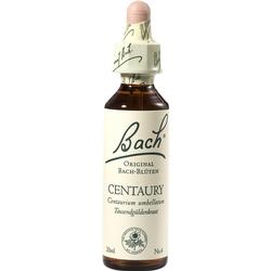 Braune Flasche mit Tropfverschluss und Aufschrift "Bach Centaury".