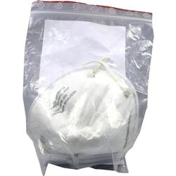 Eine weiße FFP2-Maske ist in einem durchsichtigen Plastikbeutel verpackt.