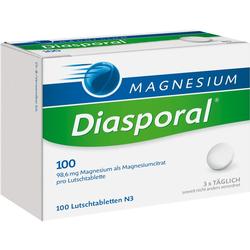 Die Verpackung zeigt Magnesium-Lutschtabletten von Diasporal.