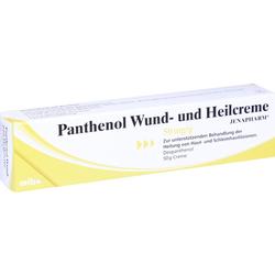 Eine gelbe Box mit Panthenol Wund- und Heilsalbe für die Hautpflege.