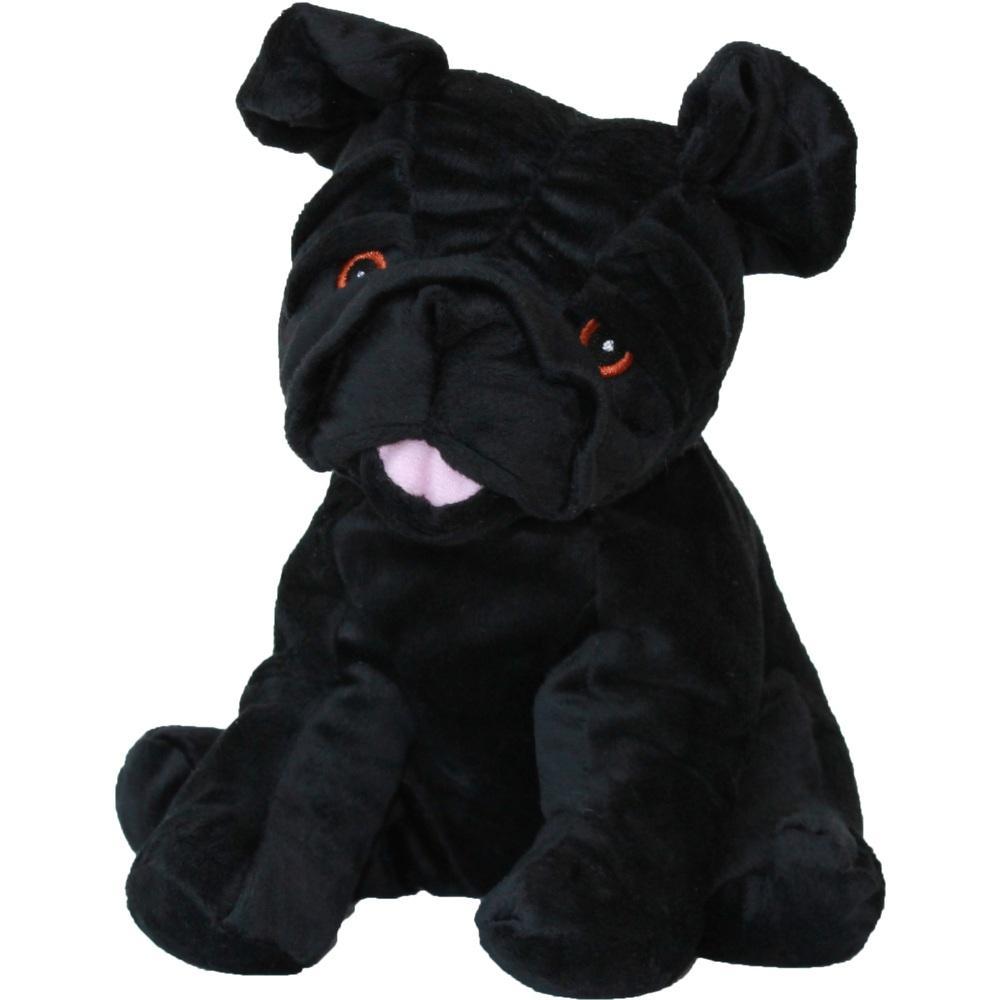 Schwarzer Stoffhund mit großen Ohren und roter Augenumrandung.