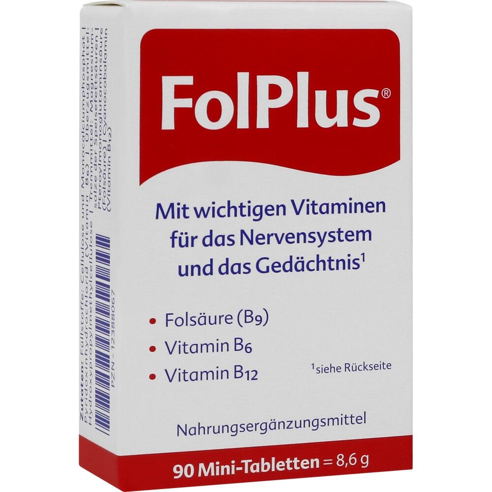 Verpackung von FolPlus mit Vitaminen für Nerven und Gedächtnis.