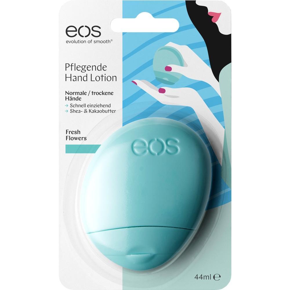 Ein blaues, handgeformtes Behältnis für EOS Handlotion ist in einer Verpackung.