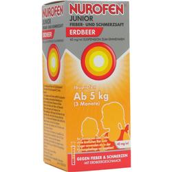 Packung Nurofen Junior, ein Schmerz- und Fiebersaft für Kinder ab 5 kg, mit Erdbeergeschmack.